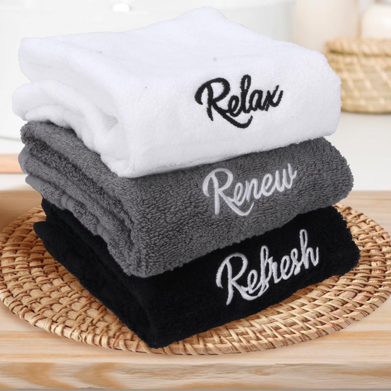 Ddeetodu 3 Pcs Bathroom Towels Decorative Set, Bathroom Decor Towels, Farmhouse Decorative Hand Towel, Embroidered 100% Cotton, Black Decoratives Towel for Bathrooms Boho Decor (Relax Renew Refresh) - Image 5