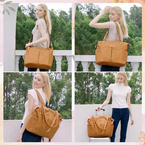 MOMINSIDE حقيبة حفاضات MOMINSIDE، حقيبة ظهر جلدية لحفاضات الأطفال مع 14 جيب للأم والأب، حقيبة أطفال قابلة للتحويل للأولاد والبنات، سجل هدايا الأطفال، وسادة تغيير، 4 جيوب معزولة كبيرة (بسكويت) - Image 2