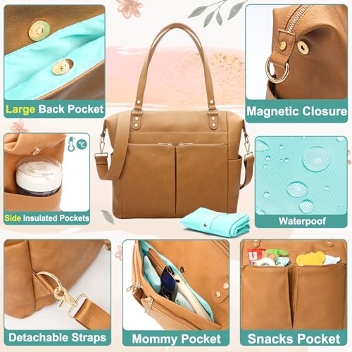 MOMINSIDE حقيبة حفاضات MOMINSIDE، حقيبة ظهر جلدية لحفاضات الأطفال مع 14 جيب للأم والأب، حقيبة أطفال قابلة للتحويل للأولاد والبنات، سجل هدايا الأطفال، وسادة تغيير، 4 جيوب معزولة كبيرة (بسكويت) - Image 4