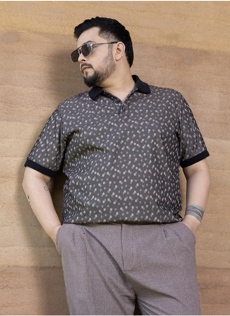 انستافاب بلس Instafab Plus Men's Onyx Black Shadowed-Polka Polo T-Shirt For Casual Wear | Polo Neck | Short Cuffed Sleeves | Half-Button Closure | Plus Size T-Shirt Crafted With Comfort Fit For Everyday Wear