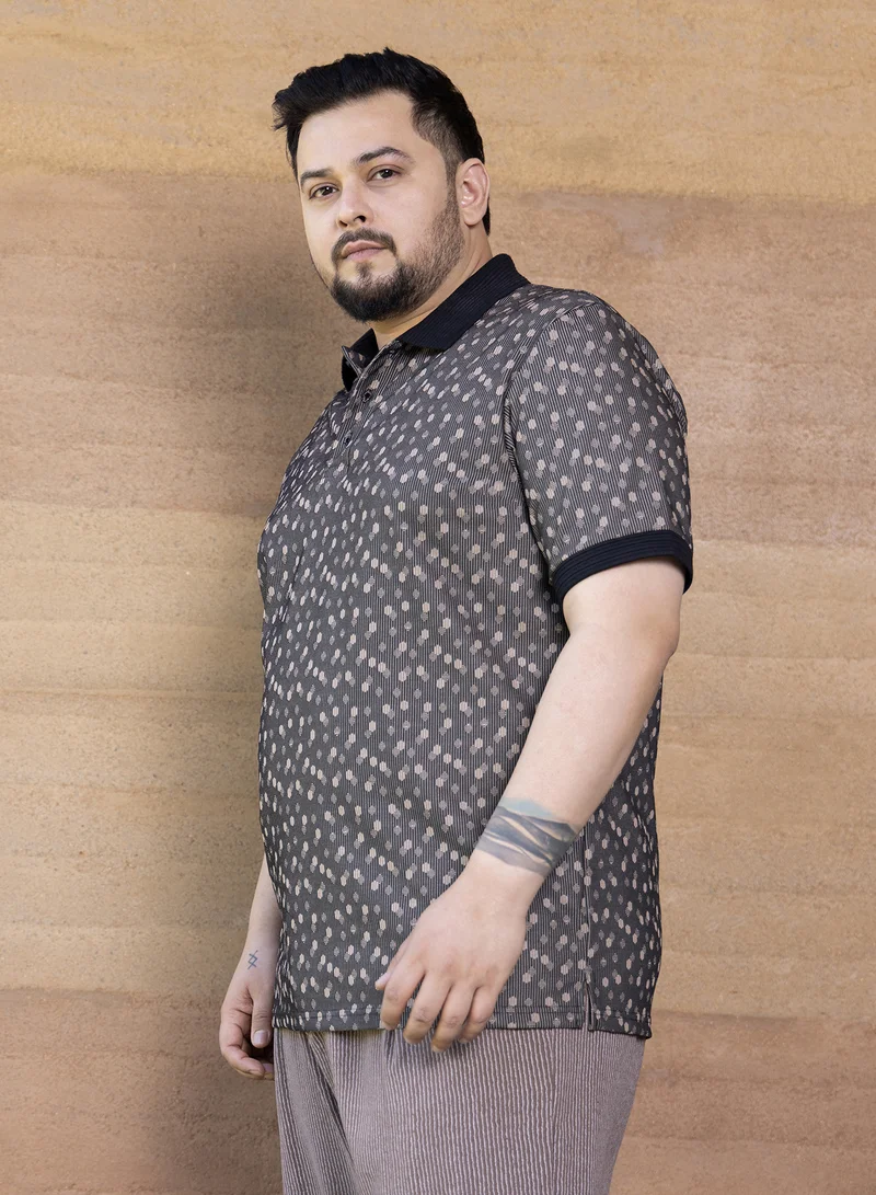 Instafab Plus Instafab Plus Men's Onyx Black Shadowed-Polka Polo T-Shirt For Casual Wear | Polo Neck | Short Cuffed Sleeves | Half-Button Closure | Plus Size T-Shirt Crafted With Comfort Fit For Everyday Wear