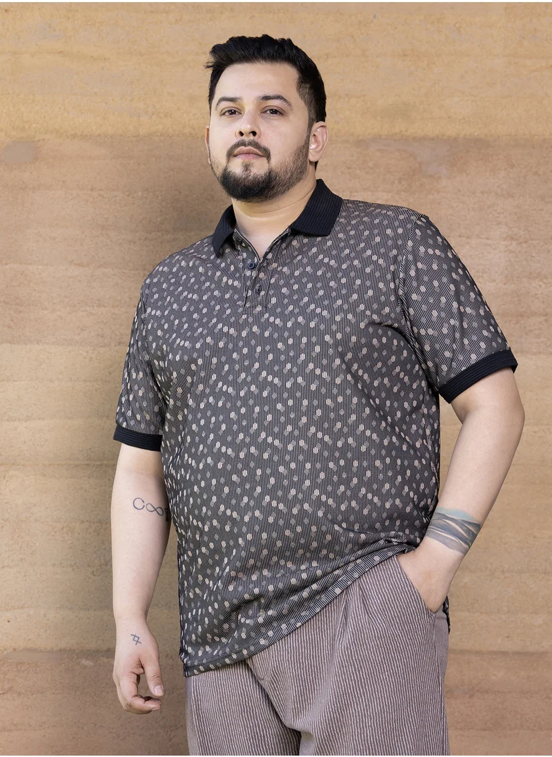 انستافاب بلس Instafab Plus Men's Onyx Black Shadowed-Polka Polo T-Shirt For Casual Wear | Polo Neck | Short Cuffed Sleeves | Half-Button Closure | Plus Size T-Shirt Crafted With Comfort Fit For Everyday Wear