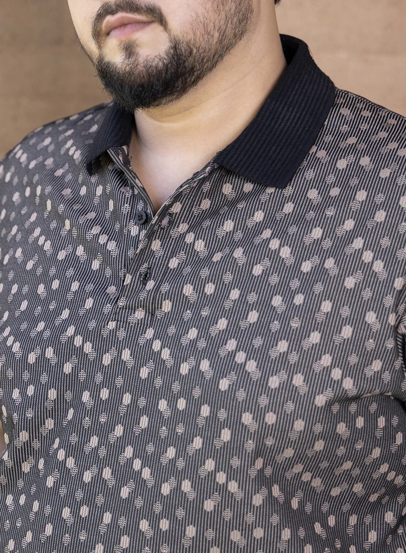 Instafab Plus Instafab Plus Men's Onyx Black Shadowed-Polka Polo T-Shirt For Casual Wear | Polo Neck | Short Cuffed Sleeves | Half-Button Closure | Plus Size T-Shirt Crafted With Comfort Fit For Everyday Wear