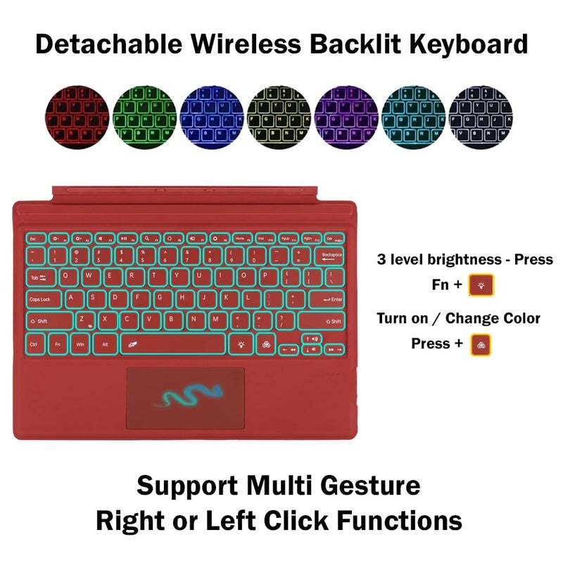 TECPHILE Bluetooth Micro Soft Surface Keyboard for Surface Pro 7 Plus / 7/6/ 5/4/ 3, Smart Large Touchpad, 7-Colors Backlit, Magnetic Attachment, Long Battery Life, Portable - Image 2