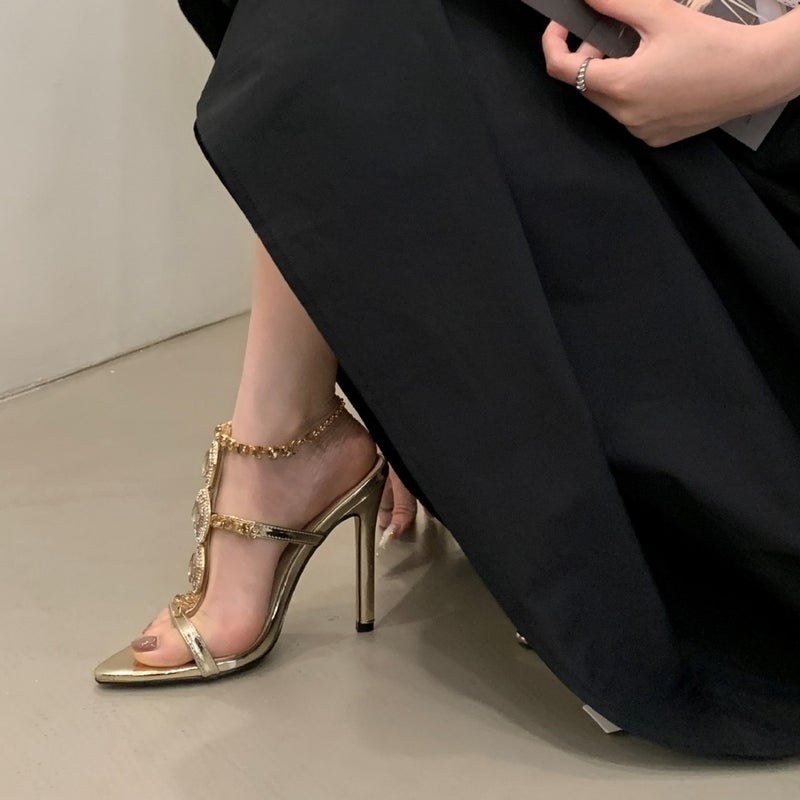 Summer Style Fashion Pointed Toe Rhinestone Chain Stiletto Heel Roman Sandals - Image 4