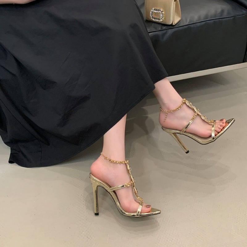 Summer Style Fashion Pointed Toe Rhinestone Chain Stiletto Heel Roman Sandals - Image 2