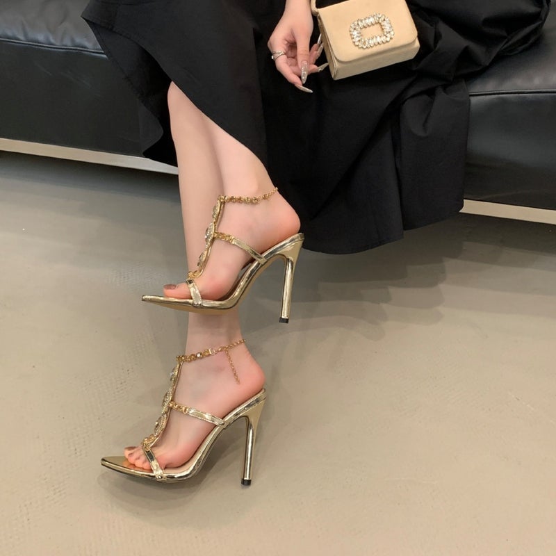 Summer Style Fashion Pointed Toe Rhinestone Chain Stiletto Heel Roman Sandals - Image 5