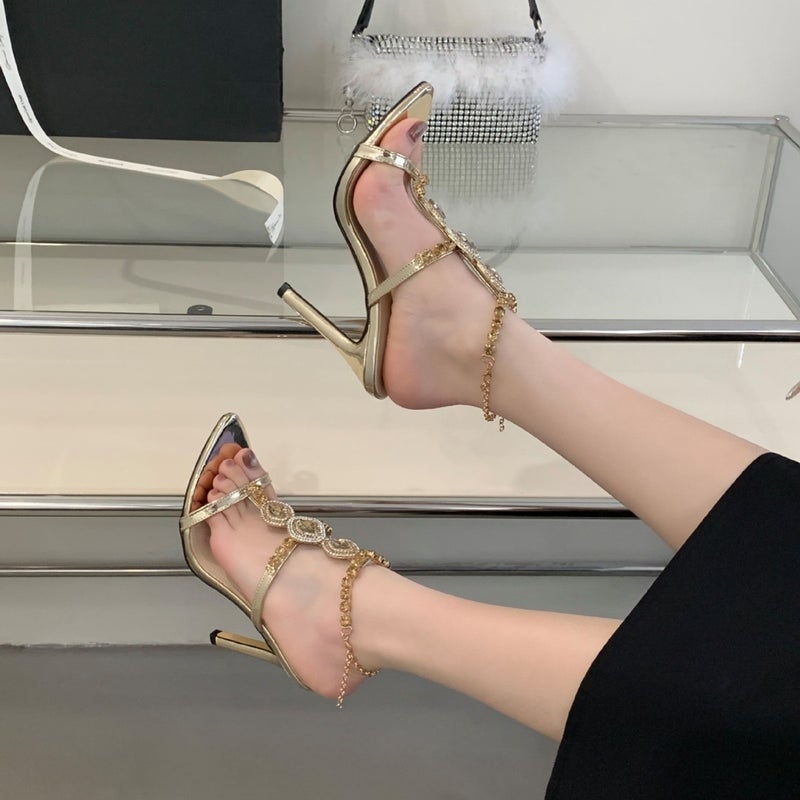 Summer Style Fashion Pointed Toe Rhinestone Chain Stiletto Heel Roman Sandals - Image 3