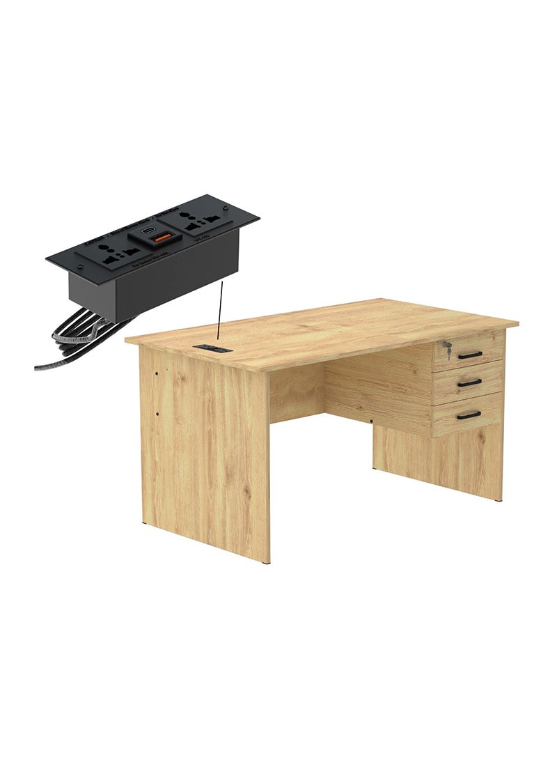 Mahmayi Mahmayi MP1 140x80 Writing Table with Hanging Pedestal - Oak with Black BS01 Desktop Socket with USB AC Port for Office, Home, and Meeting Room 17 cm  - Image 1