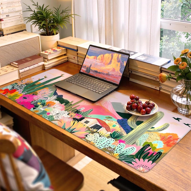 iCasso Large Gaming Mouse Pad (35"x16") - Waterproof Desk Mat with Non-Slip Rubber Base & Stitched Edges - Extended Keyboard Mousepad for Computer, PC, Office, Home Workspace (Cactus) - Image 1
