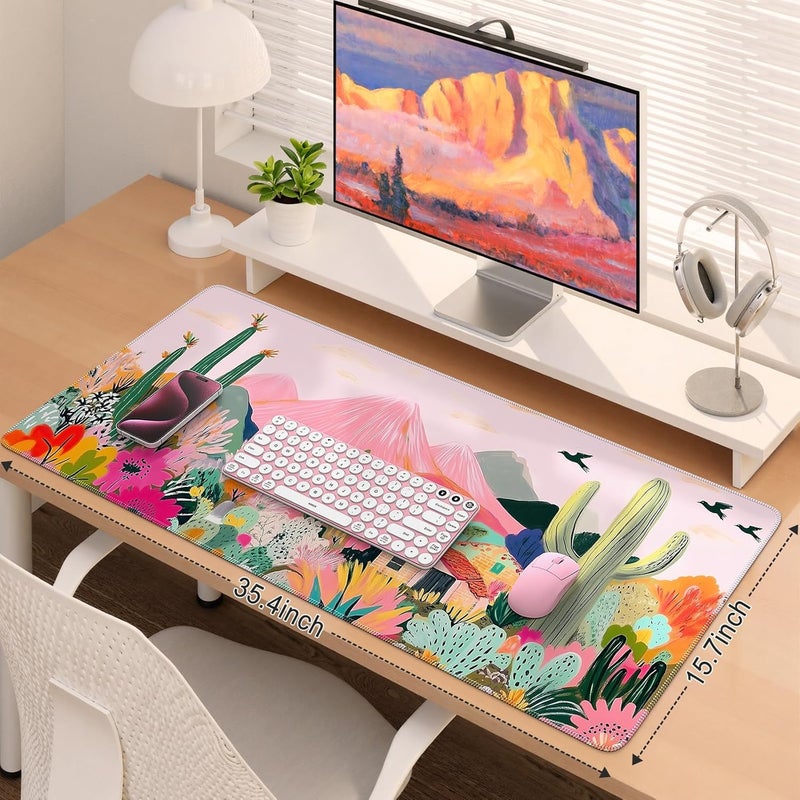 iCasso Large Gaming Mouse Pad (35"x16") - Waterproof Desk Mat with Non-Slip Rubber Base & Stitched Edges - Extended Keyboard Mousepad for Computer, PC, Office, Home Workspace (Cactus) - Image 3