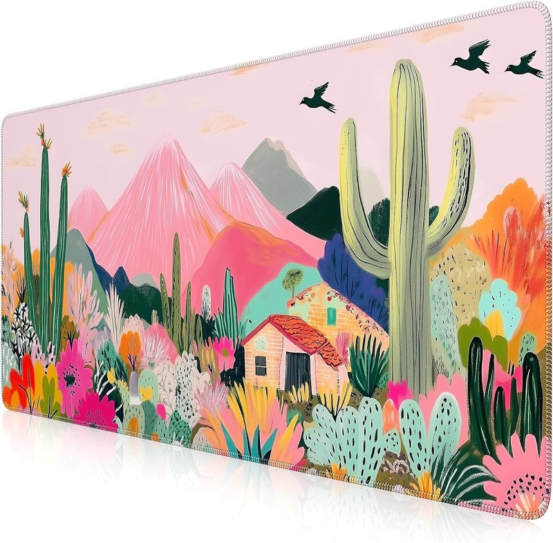 iCasso Large Gaming Mouse Pad (35"x16") - Waterproof Desk Mat with Non-Slip Rubber Base & Stitched Edges - Extended Keyboard Mousepad for Computer, PC, Office, Home Workspace (Cactus) - Image 2