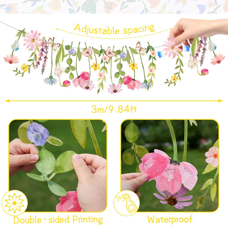 Easy Joy Butterfly Banner Wildflower Party Decorations Paper Flower Leaves Banner Butterfly Garland for Wall Decoration Spring Baby Shower Wedding Backdrop Decorations - Image 2