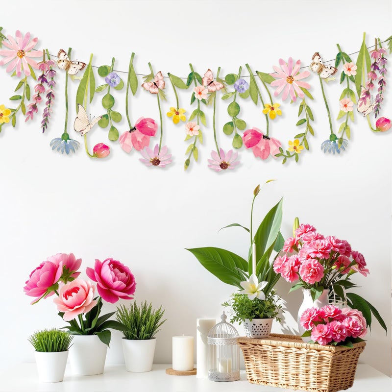 Easy Joy Butterfly Banner Wildflower Party Decorations Paper Flower Leaves Banner Butterfly Garland for Wall Decoration Spring Baby Shower Wedding Backdrop Decorations - Image 4