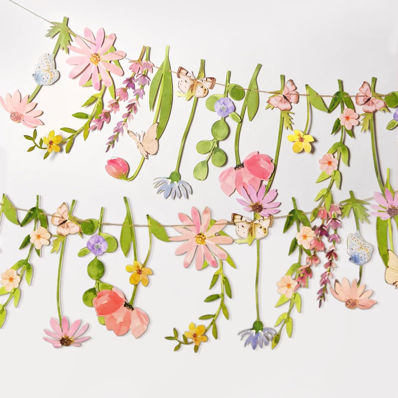Easy Joy Butterfly Banner Wildflower Party Decorations Paper Flower Leaves Banner Butterfly Garland for Wall Decoration Spring Baby Shower Wedding Backdrop Decorations - Image 1