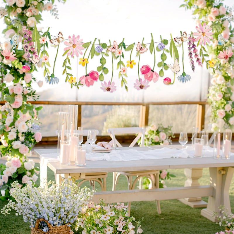 Easy Joy Butterfly Banner Wildflower Party Decorations Paper Flower Leaves Banner Butterfly Garland for Wall Decoration Spring Baby Shower Wedding Backdrop Decorations - Image 5