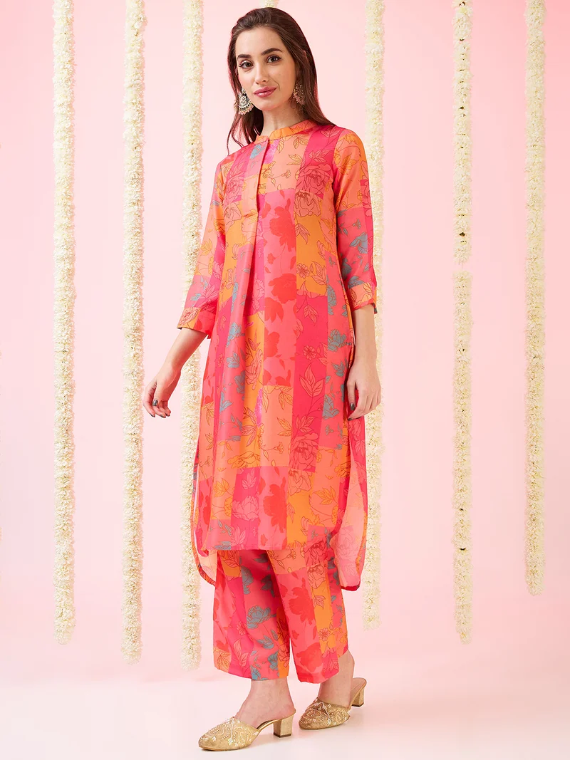 globus Globus Women Floral Print Mandarin Collar High-Low Hem Straight Kurta & Pants Set
