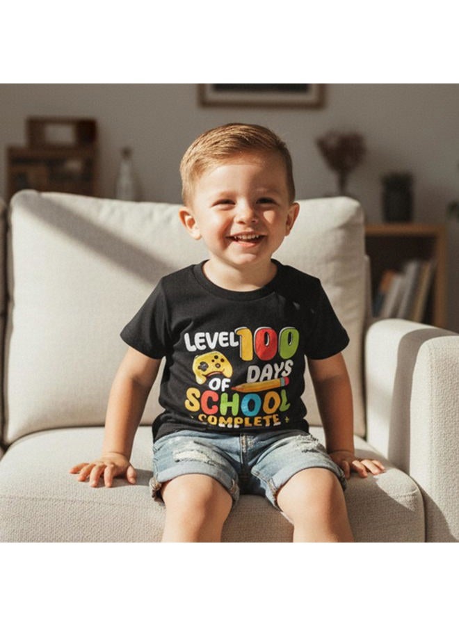 Douhoow Boys 100 Days of School Shirt Letter Print Short Sleeve Toddler Boy Tshirts 100th Day of School Shirt for Kids, Black B, 6-7 Years - Image 2