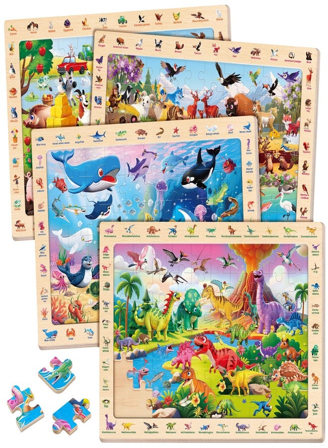 SYNARRY Wooden Dinosaur Farm Ocean Animal Puzzles for Kids Ages 4-6, 4 x 60 Piece Match & Find Puzzles for Kids Ages 3-5 Boys Girls, Preschool Educational Puzzle Toddlers Easter Gifts for 4-8 Year Old - Image 1
