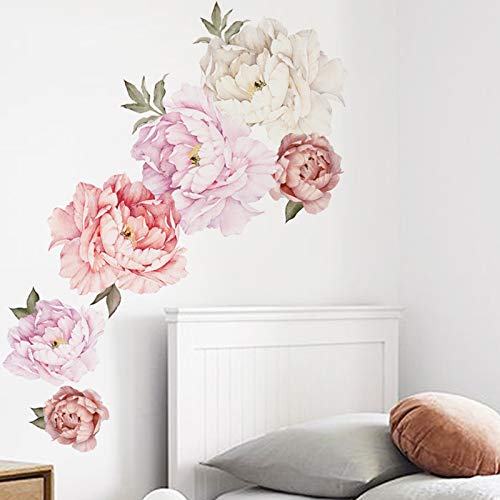 Dosminer Watercolor Peony Flowers Wall Decals Floral Wall Stickers for Living Room, Delicate White & Pink Flowers Wall Posters Vinyl Blossom Art Applique for Bedroom Girls Room - Image 1