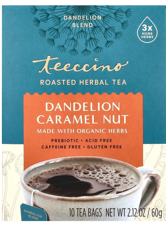 teeccino Roasted Herbal Tea Dandelion Caramel Nut Caffeine Free 10 Tea Bags 2.12 oz (60 g)