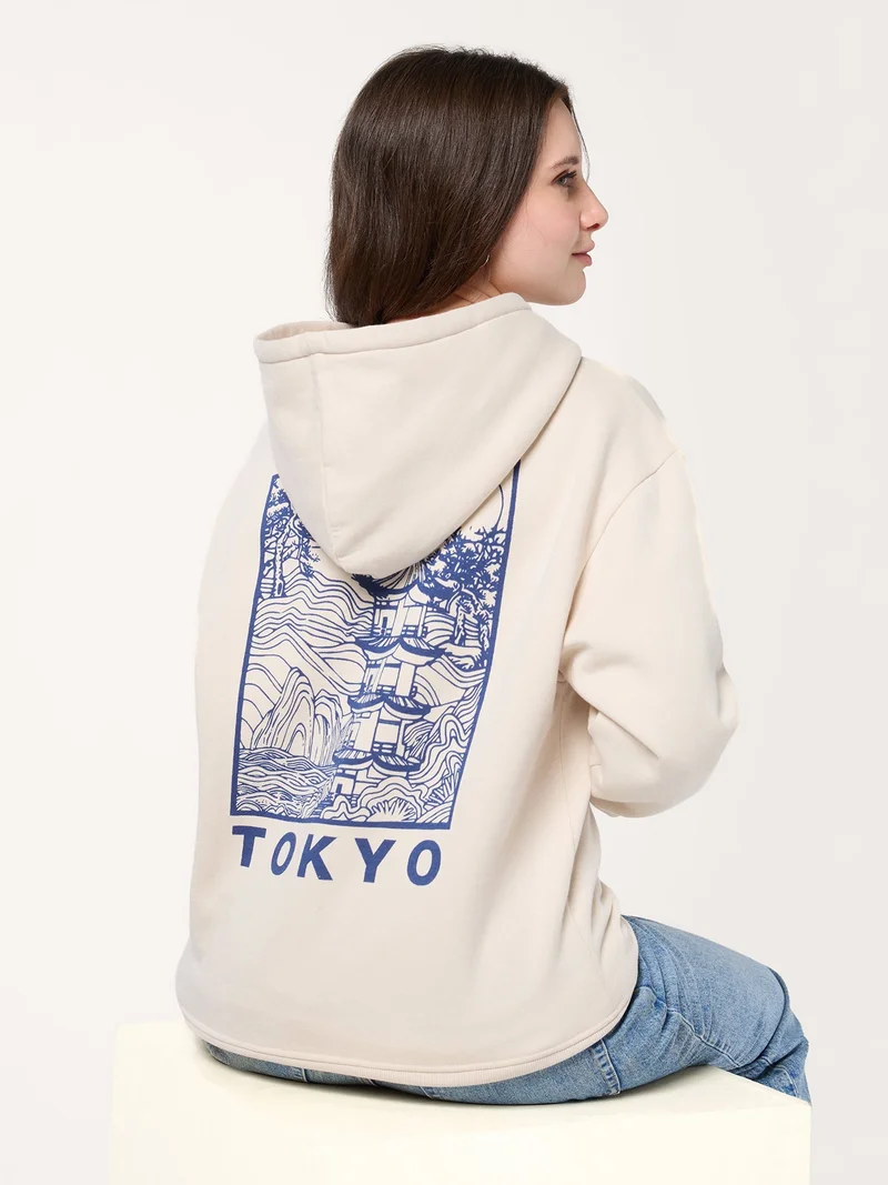 Outzidr  Cream Back Tokyo Graphic Russian Fleece Hooded Sweatshirt for Women | Best Price UAE