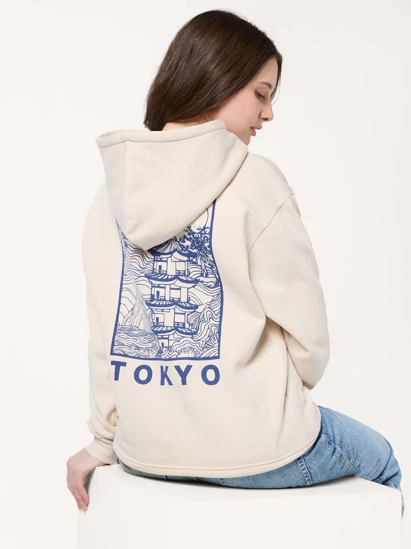 Outzidr Cream Back Tokyo Graphic Russian Fleece Hooded Sweatshirt