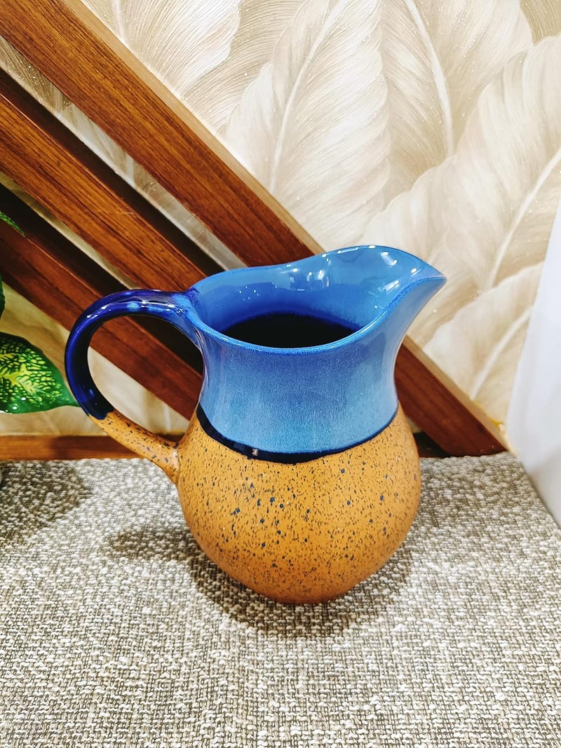 Caffeine Caffeine Ceramic Handmade Stoneware Glossy Blue and Mustard Water Milk Jug Set of 1 1800 ml Dishwasher Microwave Safe  - Image 1