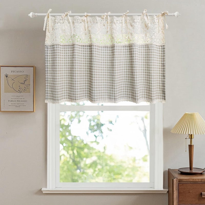 Gxi Tie Top Plaid Kitchen Curtain Valance for Living Room Bedroom Small Windows Gingham Linen Cafe Curtain Short Vintage French Window Treatment Tiers Bathroom Farmhouse Valance 1 Panel 39 x 20 inch - Image 1