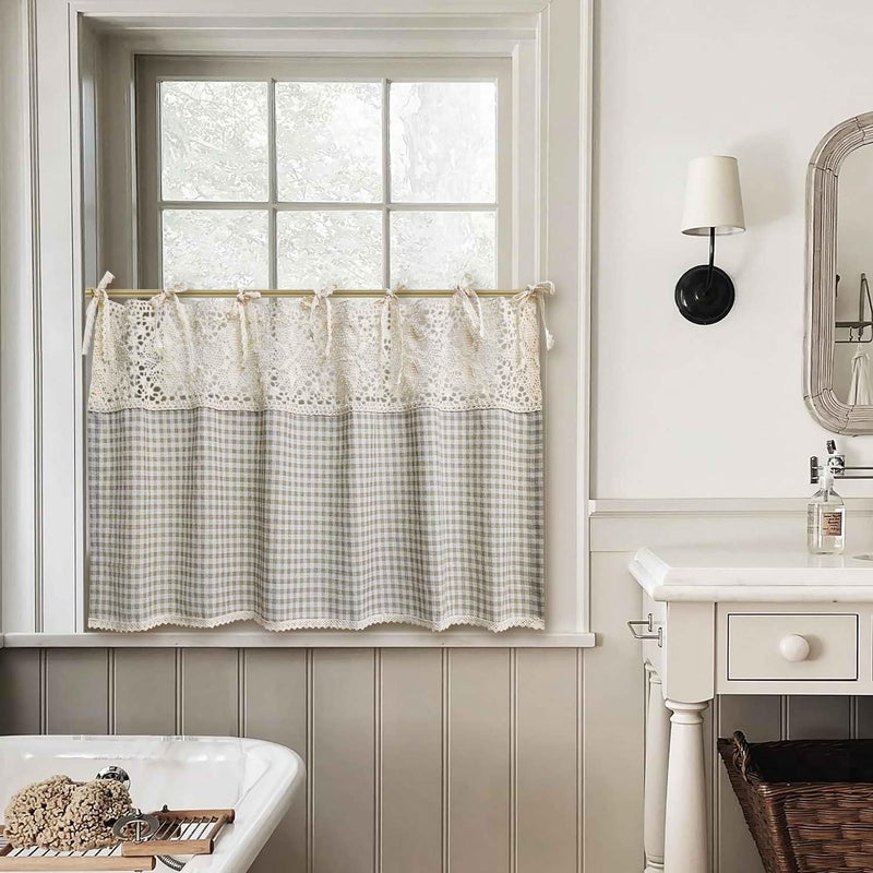 Gxi Tie Top Plaid Kitchen Curtain Valance for Living Room Bedroom Small Windows Gingham Linen Cafe Curtain Short Vintage French Window Treatment Tiers Bathroom Farmhouse Valance 1 Panel 39 x 20 inch - Image 3