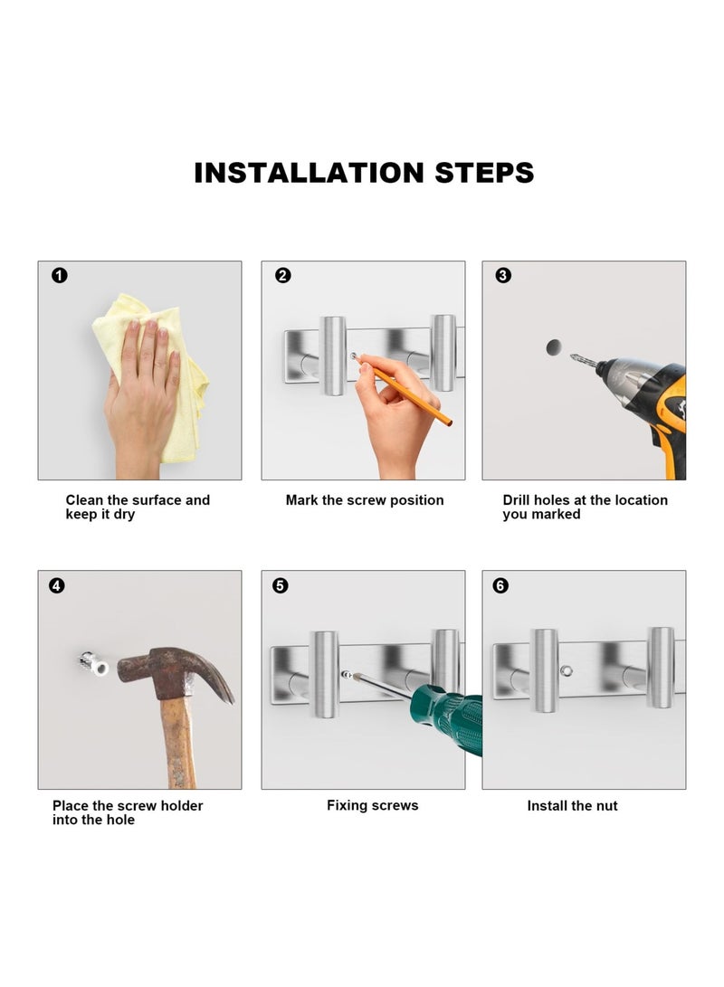 Excefore حامل معاطف مثبت على الحائط، 5 خطافات حائط على شكل حرف T لتعليق الملابس، قضيب خطاف معاطف من الفولاذ المقاوم للصدأ عالي التحمل للقبعات والمناشف والعباءات في الحمام والمطبخ وغرفة الطين ومدخل المنزل (فضي، عبوة واحدة) - Image 4