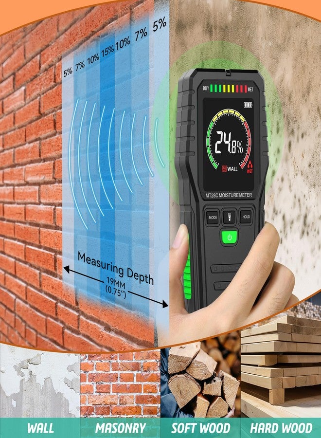 RDINSCOS Pinless Moisture Meter for Wall,Floor - Digital Moisture Tester with 3-Color LCD Display, Audible Alarm & HOLD Function - Ideal for Home Inspections (Red_green) - Image 3