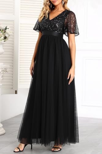 Talisea Formal Dresses for Women Black Prom Evening Gown Sequin Tulle V Neck Ruffle Short Sleeve Empire Waist A Line Long Dress - Image 2