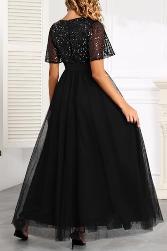 Talisea Formal Dresses for Women Black Prom Evening Gown Sequin Tulle V Neck Ruffle Short Sleeve Empire Waist A Line Long Dress - Image 5