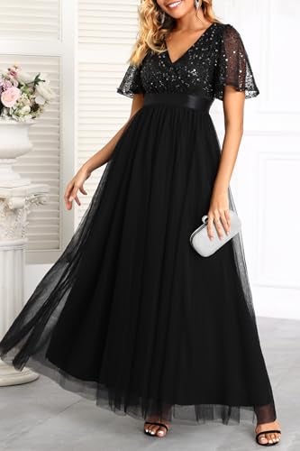 Talisea Formal Dresses for Women Black Prom Evening Gown Sequin Tulle V Neck Ruffle Short Sleeve Empire Waist A Line Long Dress - Image 3