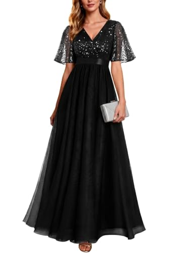 Talisea Formal Dresses for Women Black Prom Evening Gown Sequin Tulle V Neck Ruffle Short Sleeve Empire Waist A Line Long Dress - Image 1