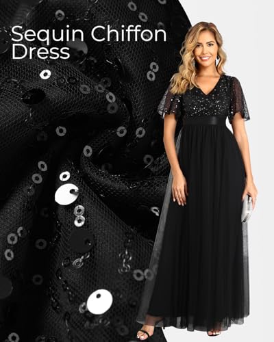 Talisea Formal Dresses for Women Black Prom Evening Gown Sequin Tulle V Neck Ruffle Short Sleeve Empire Waist A Line Long Dress - Image 4
