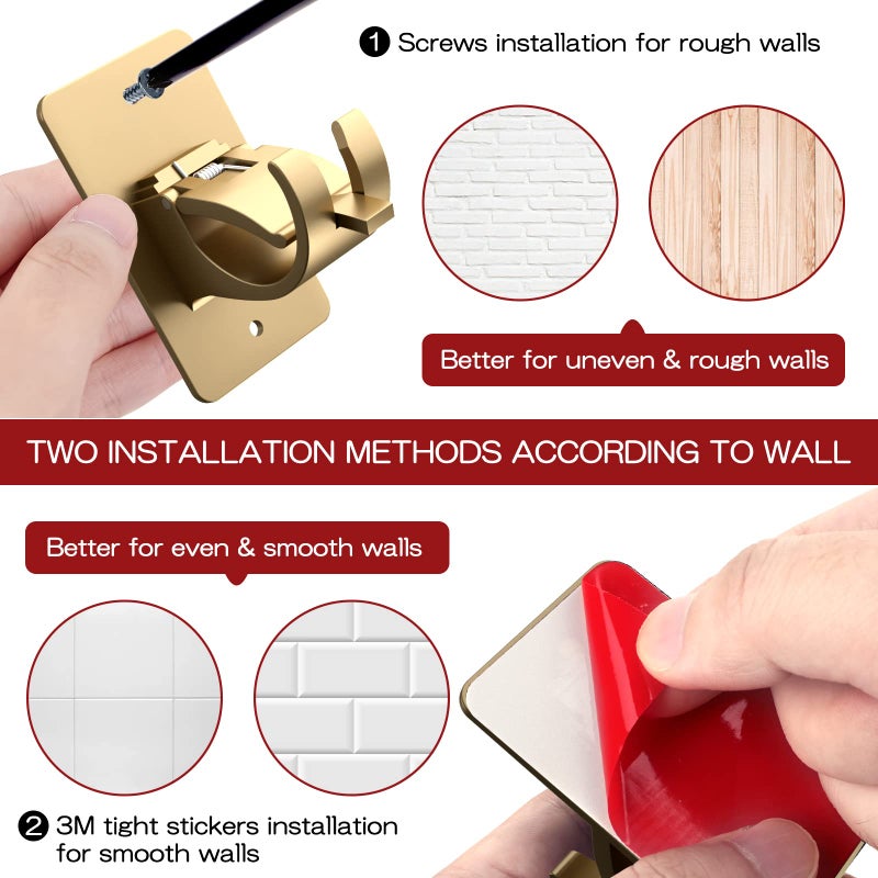 CIEMGNZOC 6PCS No Drill Curtain Rod Brackets, Self-Adhesive Curtain Rods No Drilling, Nail Free Adjustable Curtain Rod Holders, Curtain Hooks for Rod Less Than 1.57 Inch Diameter (Gold) - Image 5