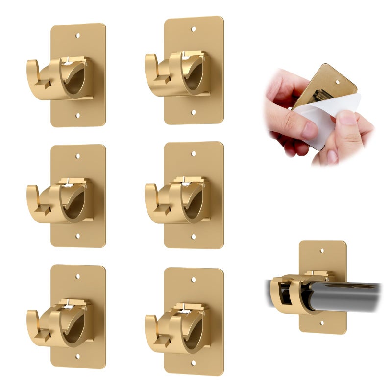 CIEMGNZOC 6PCS No Drill Curtain Rod Brackets, Self-Adhesive Curtain Rods No Drilling, Nail Free Adjustable Curtain Rod Holders, Curtain Hooks for Rod Less Than 1.57 Inch Diameter (Gold) - Image 1