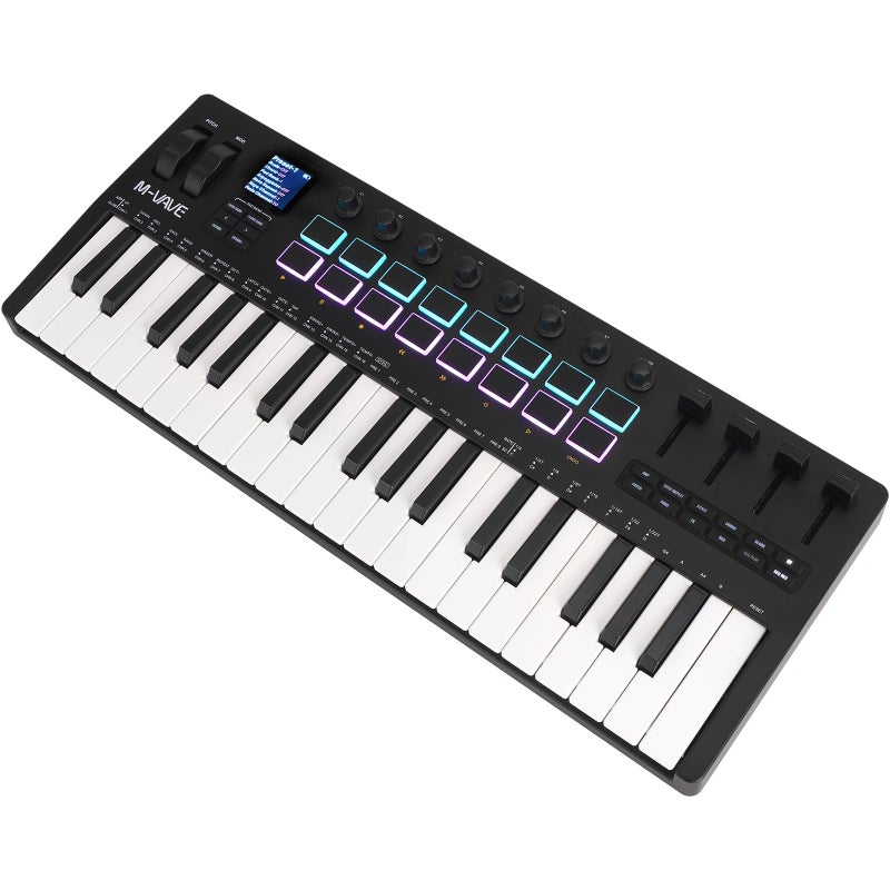 MVAVE 37 Key USB MIDI Keyboard Controller With 16 Backlit Drum Pads Bluetooth Semi Weighted Professional dynamic keybed 8 Knobs and Music ProductionSoftware Included 37 Key Black