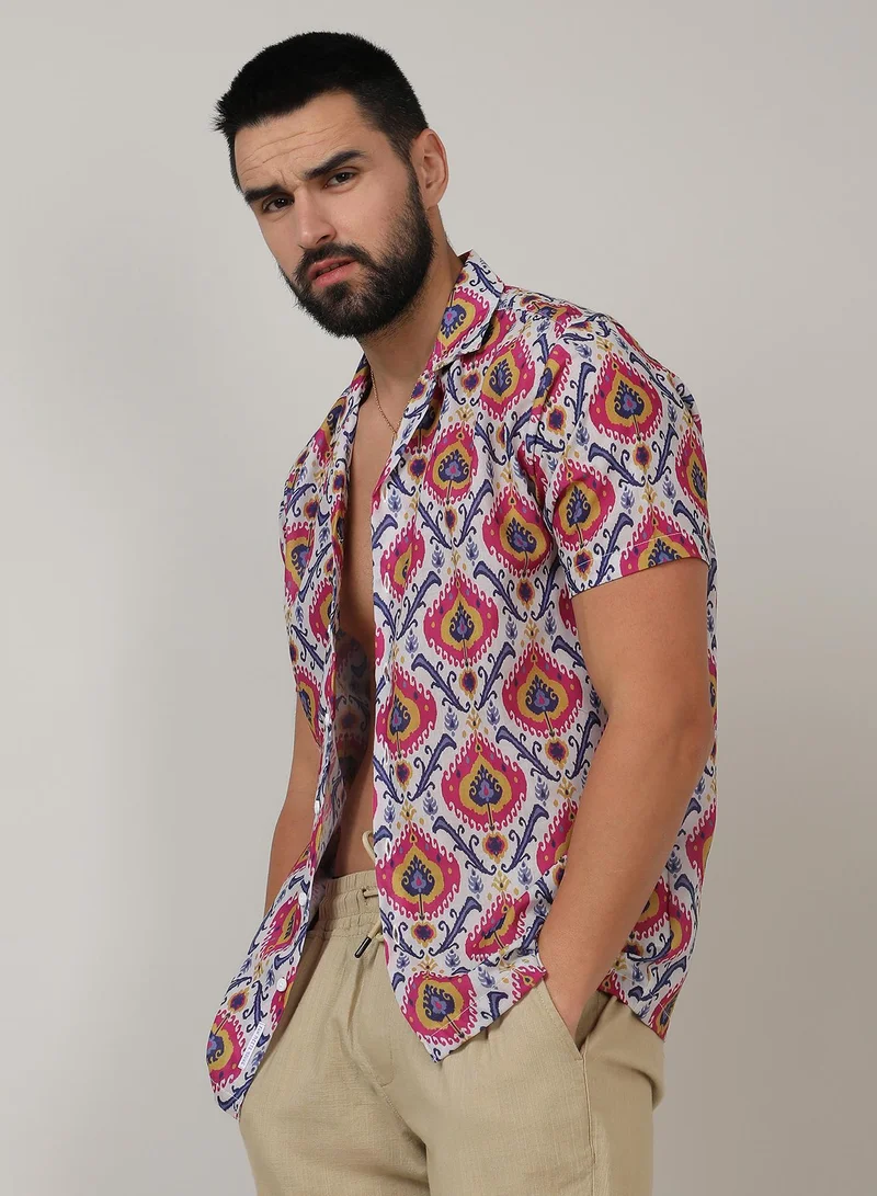 Campus Sutra Men's Crimson Red & Ivory White Ethnic Shirt