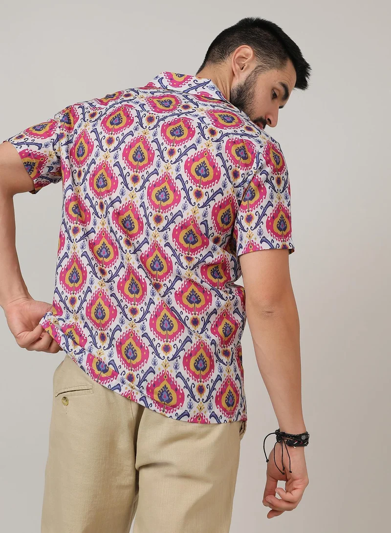 Campus Sutra Men's Crimson Red & Ivory White Ethnic Shirt