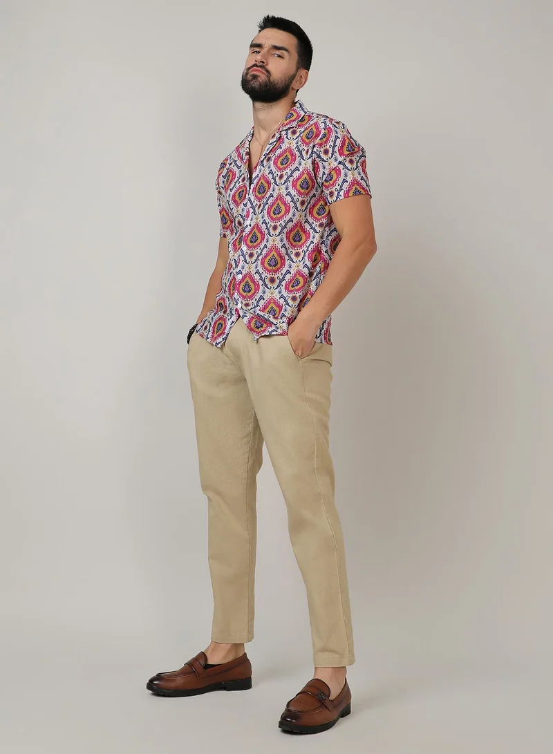 Campus Sutra Men's Crimson Red & Ivory White Ethnic Shirt
