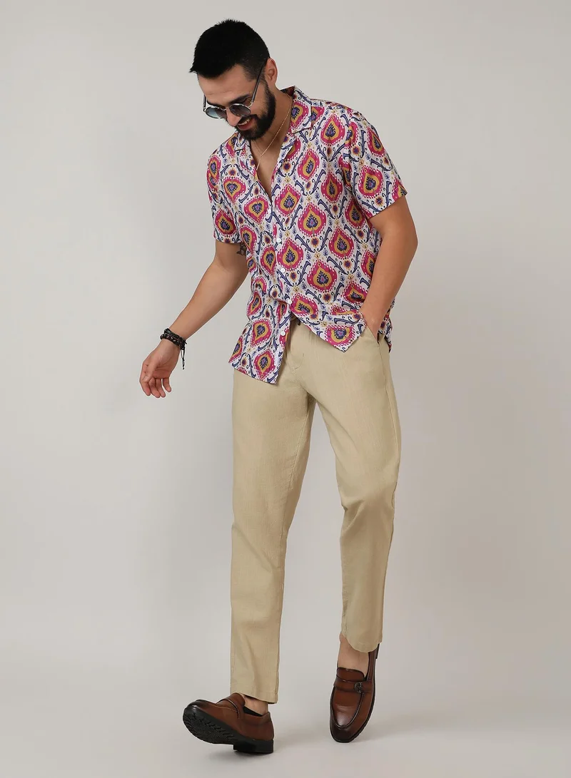 Campus Sutra Men's Crimson Red & Ivory White Ethnic Shirt