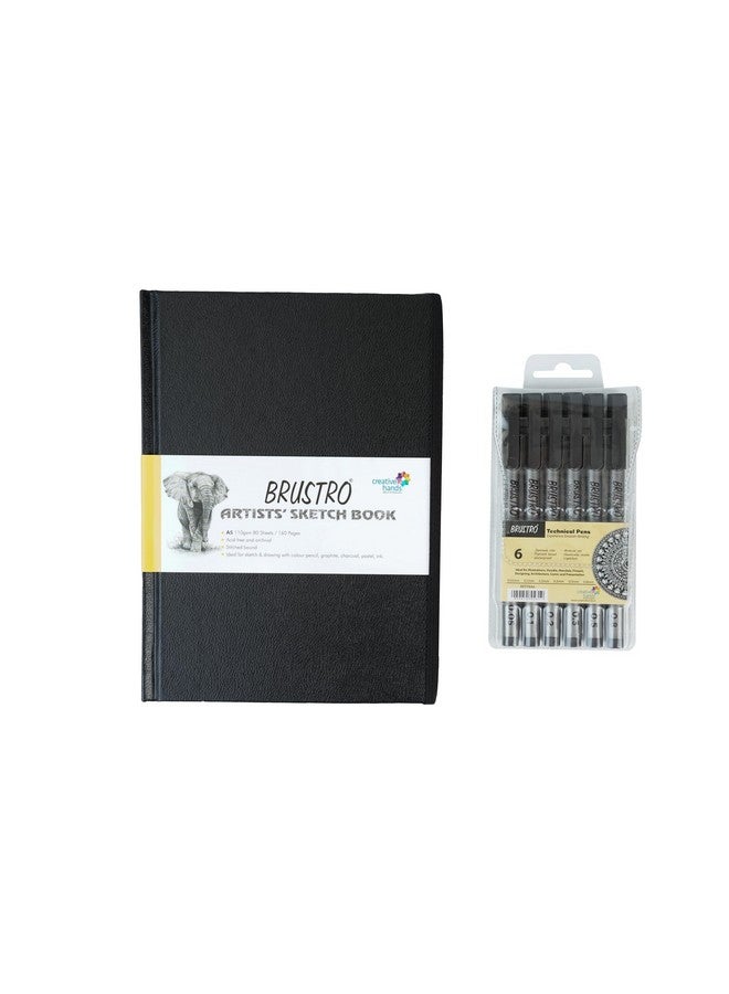 بروسترو دفتر رسم فنانين من BRUSTRO، مُغلّف بخياطة، مقاس A5، 160 صفحة، خالٍ من الأحماض، وقلم فني، 110 جرام لكل متر مربع (مجموعة من 6 قطع) - Image 1