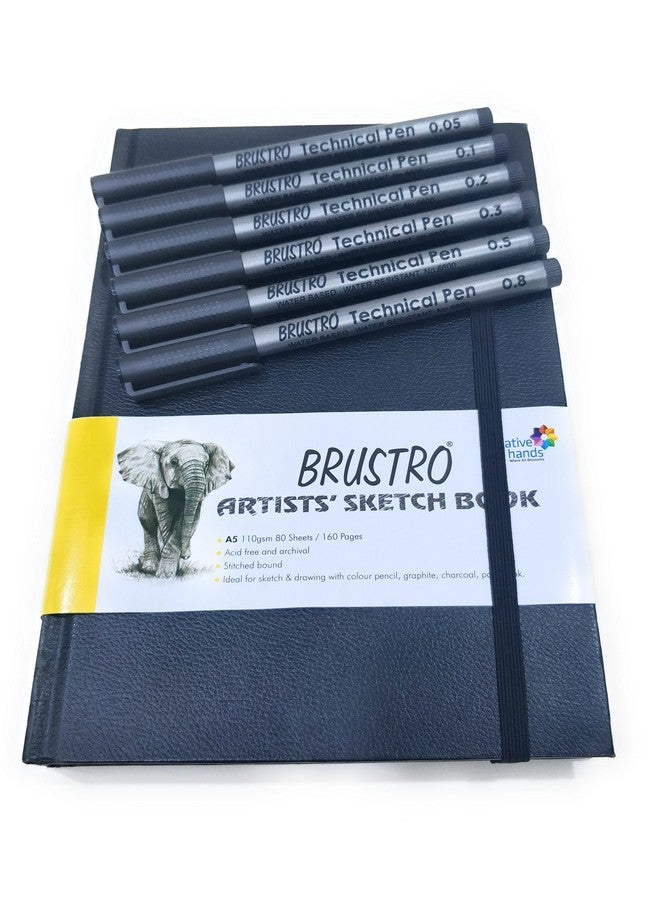 بروسترو دفتر رسم فنانين من BRUSTRO، مُغلّف بخياطة، مقاس A5، 160 صفحة، خالٍ من الأحماض، وقلم فني، 110 جرام لكل متر مربع (مجموعة من 6 قطع) - Image 2