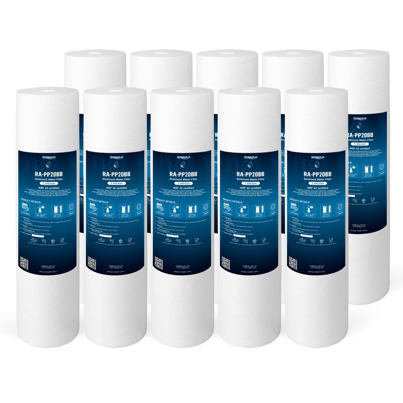 Ronaqua Ronaqua 20 x 45 Big Sediment Replacement Water Filter Cartridge 1 Micron NSF Certified for Whole House Compatible with 15535843 2PP20BB1M AP8102 FPMBBB520 P520BB SDC452005 10 Pack 