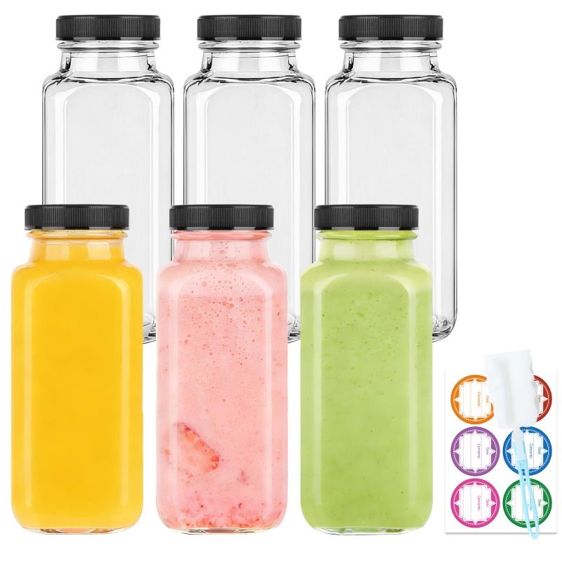 GUANENA 6 Pack Glass Drink Bottles, 8.5 OZ Vintage Square Water Bottles with Lids, Juice Bottles Beverages Containers for Milk, Kombucha, Smoothies - Image 1