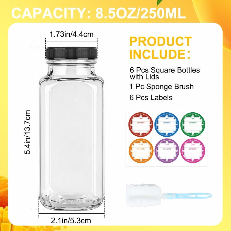 GUANENA 6 Pack Glass Drink Bottles, 8.5 OZ Vintage Square Water Bottles with Lids, Juice Bottles Beverages Containers for Milk, Kombucha, Smoothies - Image 2