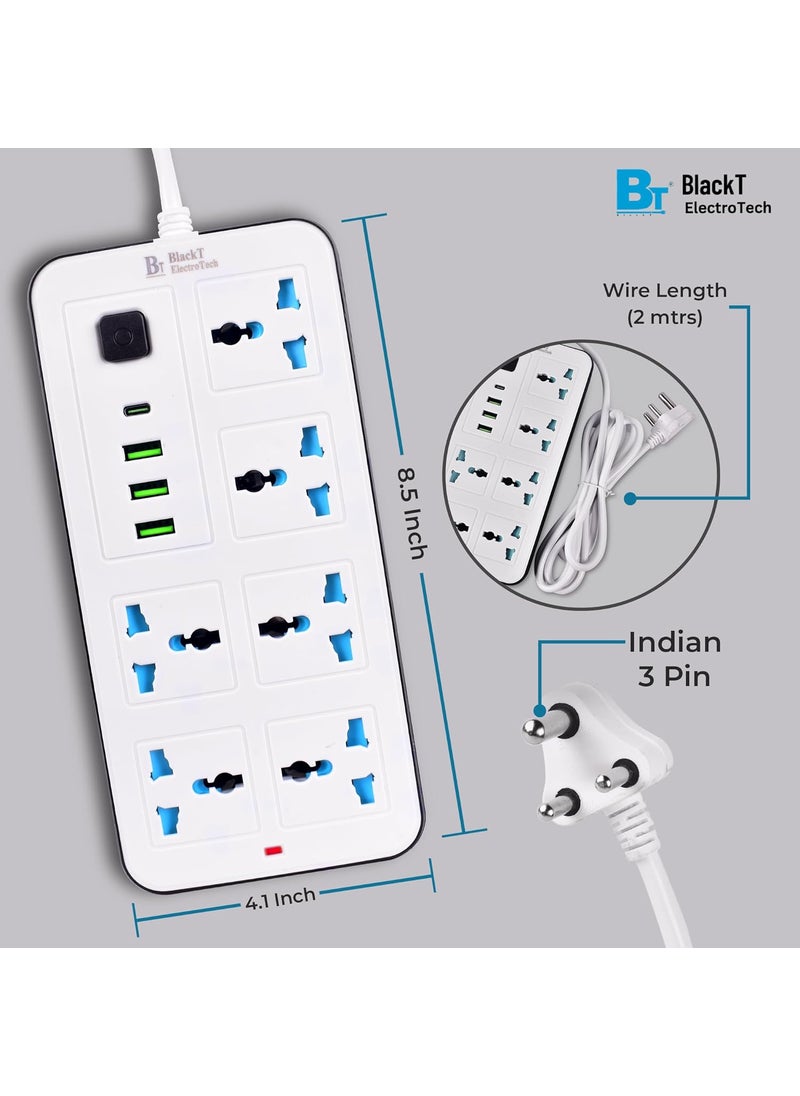 BlackT ElectroTech Blackt Electrotech BTSP2 Power Strip with PDType C 2500W 10A Extension Cord USB Charging Ports Universal Socket 3Pin Surge Protection White with 6 Socket  - Image 3